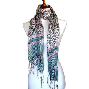 Vintage 100% Silk Block Print Scarf Wrap Sarong Pink Teal Floral Fringe